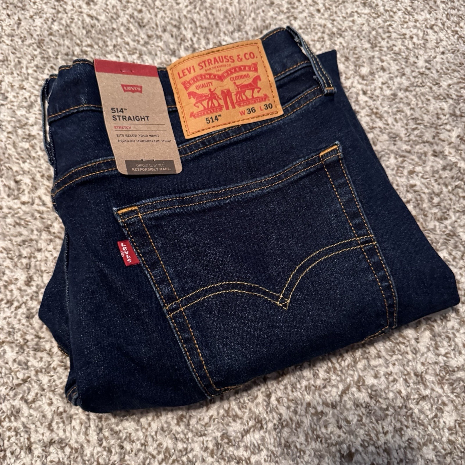Levis 514 Straight Mens 36x30 Stretch Dark Wash Jeans Brand New